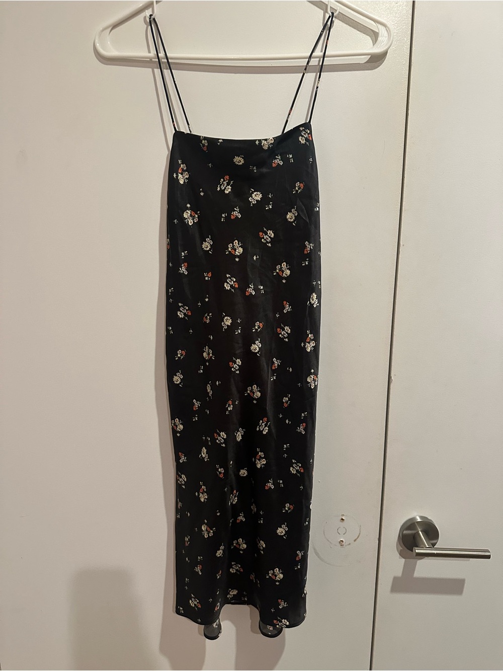 Re/Done Black Floral Slip Dress with White and Red Accents
